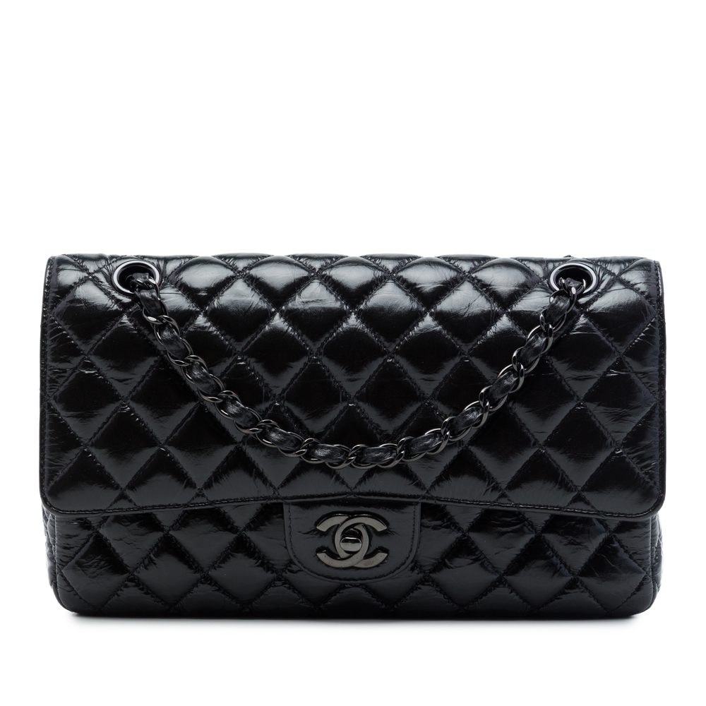 Pre-Loved Chanel Medium Classic Shiny Crumpled Calfskin So Black Double Flap
